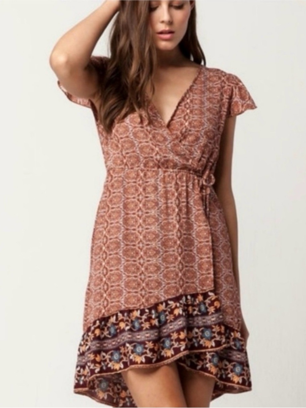 Band of Gypsies Boho Flutter Faux Wrap Medallion Dress